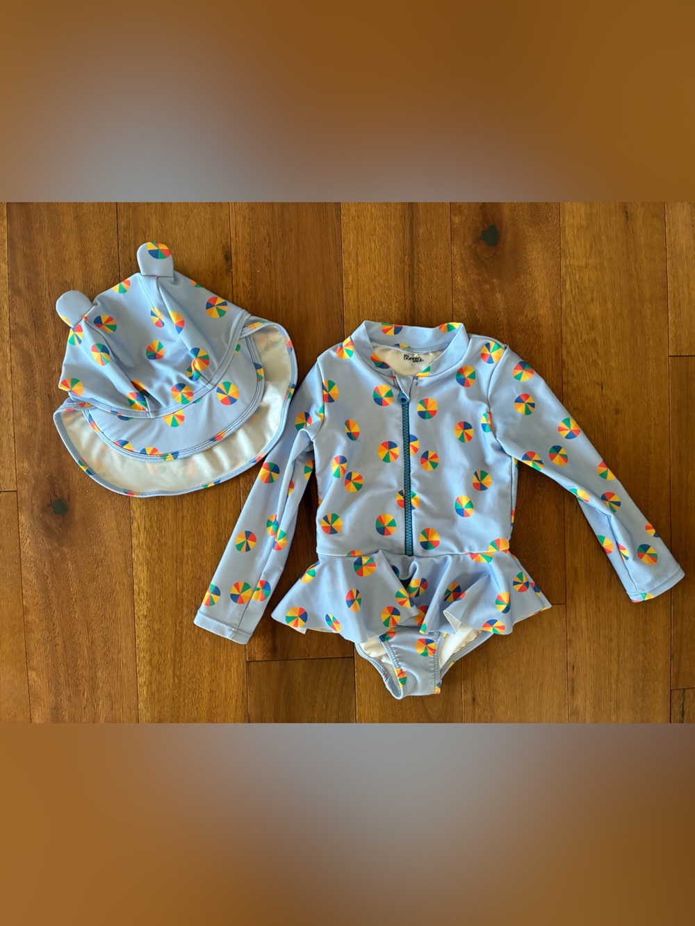 Toddler Light Blue Long-Sleeve Swim Set with Beach Ball Print and Matching Hat
